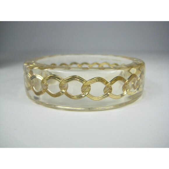 Vintage  Clear Lucite Bangle Bracelet Goldtone Curb Chain Inset Wide Statement - Picture 7 of 10